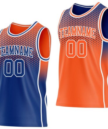 Custom Royal Orange-White Side Panel Stripe Gradient Geometric Honeycomb Reversible Double Side Basketball Jersey, Gift For Basketball Fans