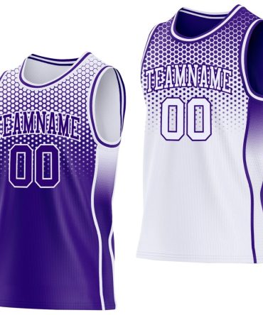 Custom Purple-White Side Panel Stripe Gradient Geometric Honeycomb Reversible Double Side Basketball Jersey, Gift For Basketball Fans