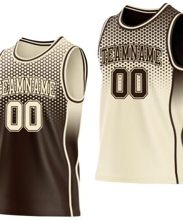 Custom Brown-Cream Side Panel Stripe Gradient Geometric Honeycomb Reversible Double Side Basketball Jersey, Gift For Basketball Fans