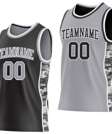 Custom Black Gray-White Camo Side Panel Stripe Reversible Double Side Basketball Jersey, Gift For Basketball Fans