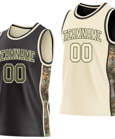 Custom Black Olive-Cream Woodland Camo Side Panel Stripe Reversible Double Side Basketball Jersey, Gift For Basketball Fans