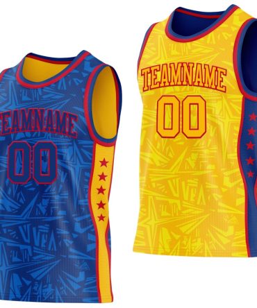 Custom Royal Red-Gold Side Panel Stripe Stars Geometric Shatter Starburst Reversible Double Side Basketball Jersey, Gift For Basketball Fans