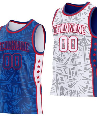 Custom Royal Red-White Side Panel Stripe Stars Geometric Shatter Starburst Reversible Double Side Basketball Jersey, Gift For Basketball Fans