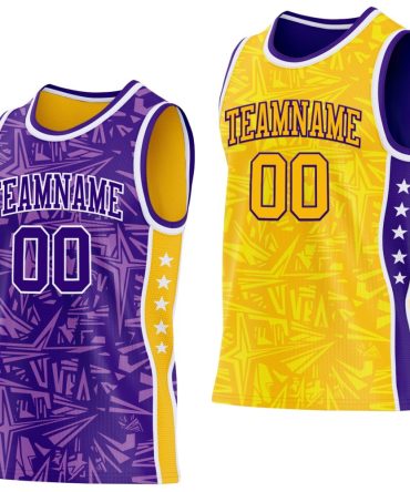 Custom Purple White-Gold Side Panel Stripe Stars Geometric Shatter Starburst Reversible Double Side Basketball Jersey, Gift For Basketball Fans