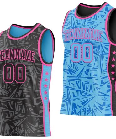 Custom Black Pink-Sky Blue Side Panel Stripe Stars Geometric Shatter Starburst Reversible Double Side Basketball Jersey, Gift For Basketball Fans