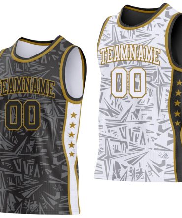 Custom Black Old Gold-White Side Panel Stripe Stars Geometric Shatter Starburst Reversible Double Side Basketball Jersey, Gift For Basketball Fans