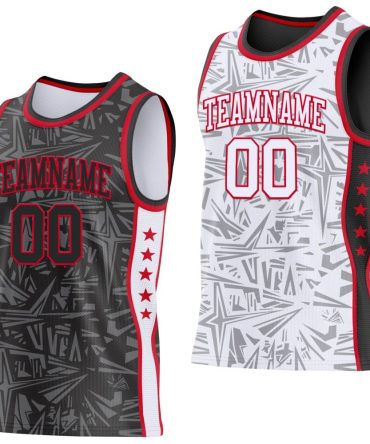 Custom Black Red-White Side Panel Stripe Stars Geometric Shatter Starburst Reversible Double Side Basketball Jersey, Gift For Basketball Fans