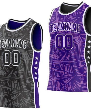Custom Black White-Purple Side Panel Stripe Stars Geometric Shatter Starburst Reversible Double Side Basketball Jersey, Gift For Basketball Fans