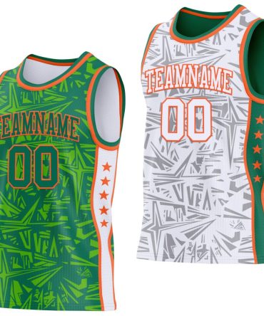 Custom Kelly Green Orange-White Side Panel Stripe Stars Geometric Shatter Starburst Reversible Double Side Basketball Jersey, Gift For Basketball Fans