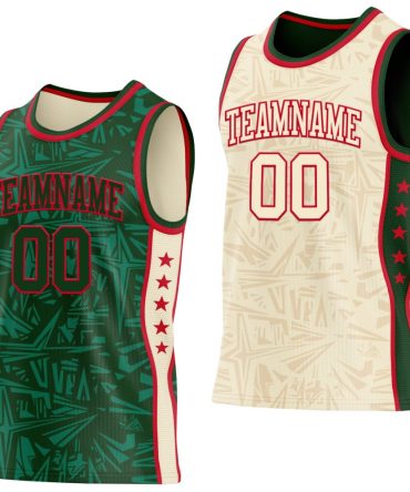 Custom Green Red-Cream Side Panel Stripe Stars Geometric Shatter Starburst Reversible Double Side Basketball Jersey, Gift For Basketball Fans
