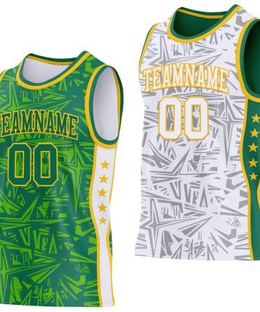 Custom Kelly Green Gold-White Side Panel Stripe Stars Geometric Shatter Starburst Reversible Double Side Basketball Jersey, Gift For Basketball Fans