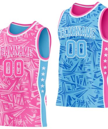 Custom Pink White-Sky Blue Side Panel Stripe Stars Geometric Shatter Starburst Reversible Double Side Basketball Jersey, Gift For Basketball Fans
