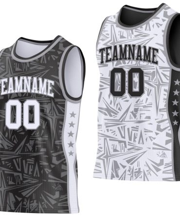 Custom Black White-Gray Side Panel Stripe Stars Geometric Shatter Starburst Reversible Double Side Basketball Jersey, Gift For Basketball Fans