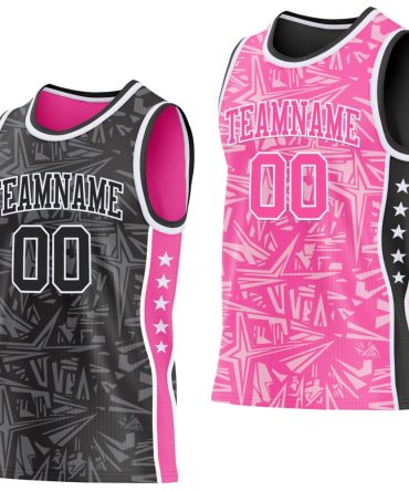 Custom Black White-Pink Side Panel Stripe Stars Geometric Shatter Starburst Reversible Double Side Basketball Jersey, Gift For Basketball Fans