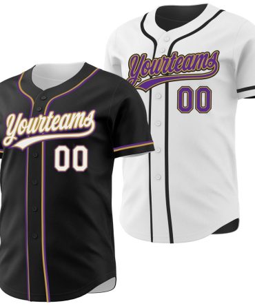 Custom Black White Old Gold-Purple Reversible Button-Down Baseball Jersey, Gift For Baseball Fans
