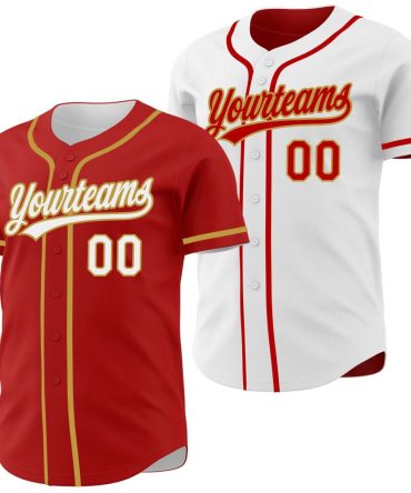 Custom Red White-Old Gold Reversible Button-Down Baseball Jersey, Gift For Baseball Fans