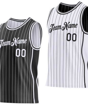 Custom Black White Pinstripe Side Panels Reversible Double Side Basketball Jersey, Gift For Basketball Fans