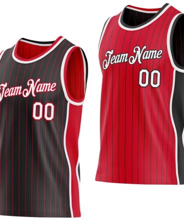 Custom Black Red Pinstripe-White Side Panels Reversible Double Side Basketball Jersey, Gift For Basketball Fans