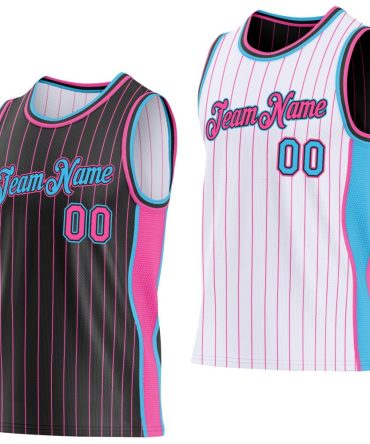 Custom Black Pink Pinstripe-Sky Blue Side Panels Reversible Double Side Basketball Jersey, Gift For Basketball Fans