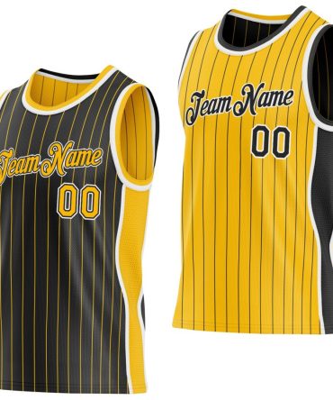 Custom Black Gold Pinstripe-White Side Panels Reversible Double Side Basketball Jersey, Gift For Basketball Fans