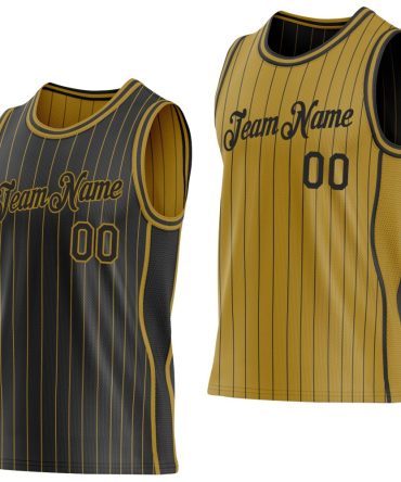Custom Black Old Gold Pinstripe Side Panels Reversible Double Side Basketball Jersey, Gift For Basketball Fans