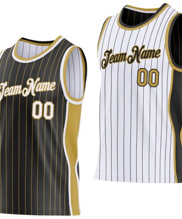 Custom Black Old Gold Pinstripe-White Side Panels Reversible Double Side Basketball Jersey, Gift For Basketball Fans