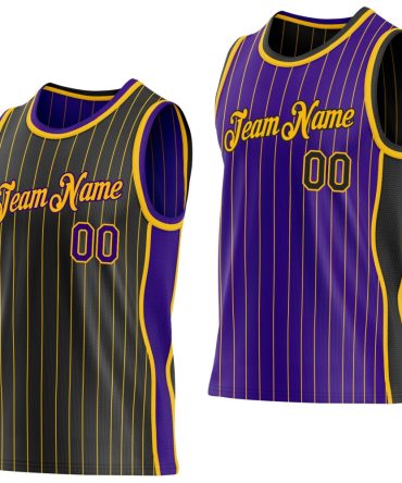 Custom Black Gold Pinstripe-Purple Side Panels Reversible Double Side Basketball Jersey, Gift For Basketball Fans