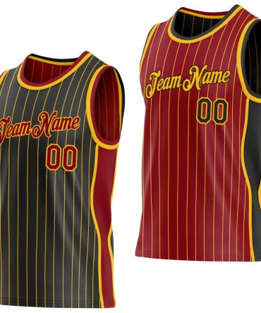 Custom Black Gold Pinstripe-Maroon Side Panels Reversible Double Side Basketball Jersey, Gift For Basketball Fans