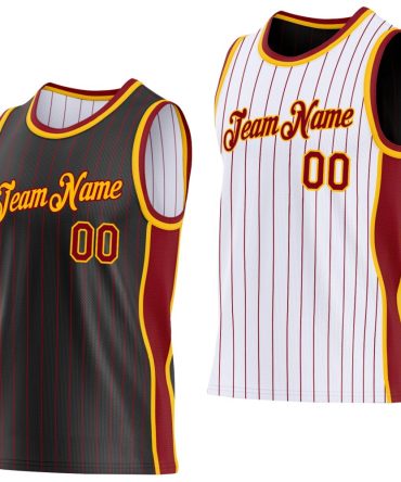 Custom Black Maroon Pinstripe-Gold Side Panels Reversible Double Side Basketball Jersey, Gift For Basketball Fans
