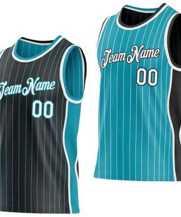 Custom Black Teal Pinstripe-White Side Panels Reversible Double Side Basketball Jersey, Gift For Basketball Fans