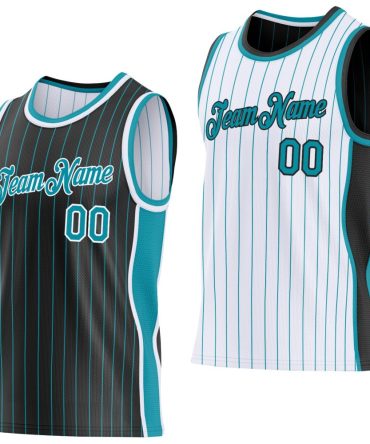 Custom Black Teal Pinstripe-White Side Panels Reversible Double Side Basketball Jersey, Gift For Basketball Fans