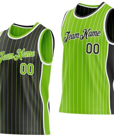 Custom Black Neon Green Pinstripe-White Side Panels Reversible Double Side Basketball Jersey, Gift For Basketball Fans