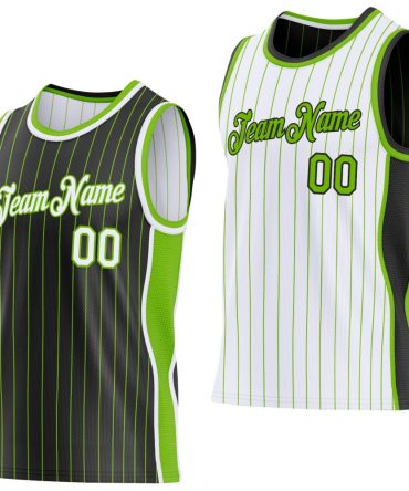 Custom Black Neon Green Pinstripe-White Side Panels Reversible Double Side Basketball Jersey, Gift For Basketball Fans