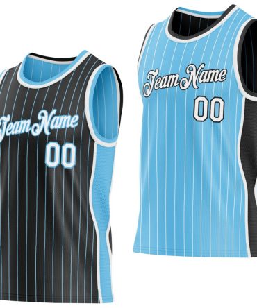 Custom Black Sky Blue Pinstripe-White Side Panels Reversible Double Side Basketball Jersey, Gift For Basketball Fans
