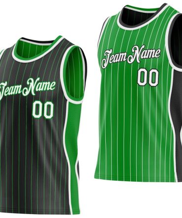 Custom Black Grass Green Pinstripe-White Side Panels Reversible Double Side Basketball Jersey, Gift For Basketball Fans