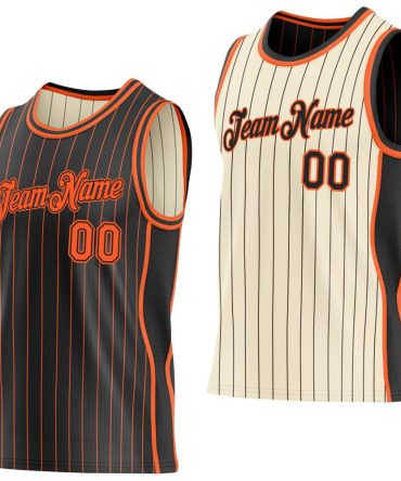Custom Black Orange & Cream Black Pinstripe Side Panels Reversible Double Side Basketball Jersey, Gift For Basketball Fans