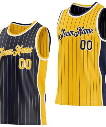 Custom Navy Gold Pinstripe-White Side Panels Reversible Double Side Basketball Jersey, Gift For Basketball Fans