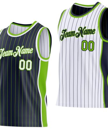 Custom Navy Neon Green Pinstripe-White Side Panels Reversible Double Side Basketball Jersey, Gift For Basketball Fans