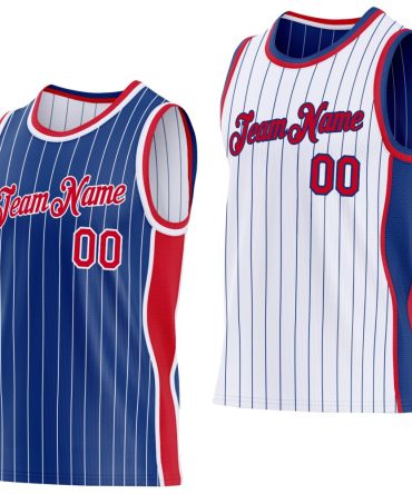 Custom Royal White Pinstripe-Red Side Panels Reversible Double Side Basketball Jersey, Gift For Basketball Fans