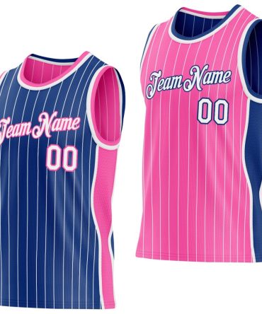 Custom Royal White Pinstripe-Pink Side Panels Reversible Double Side Basketball Jersey, Gift For Basketball Fans