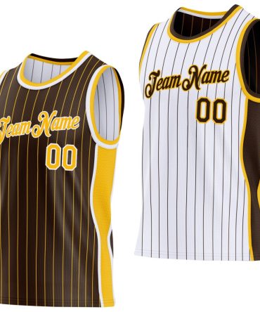 Custom Brown Gold Pinstripe-White Side Panels Reversible Double Side Basketball Jersey, Gift For Basketball Fans