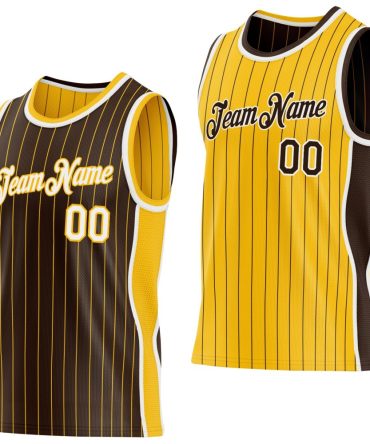 Custom Brown Gold Pinstripe-White Side Panels Reversible Double Side Basketball Jersey, Gift For Basketball Fans