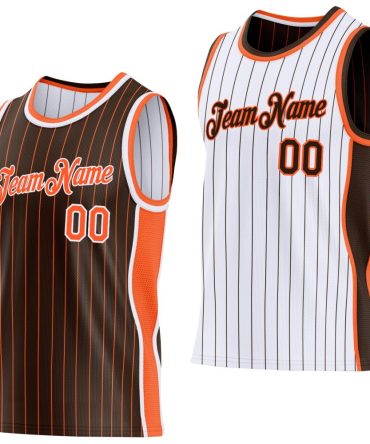 Custom Brown Orange Pinstripe-White Side Panels Reversible Double Side Basketball Jersey, Gift For Basketball Fans