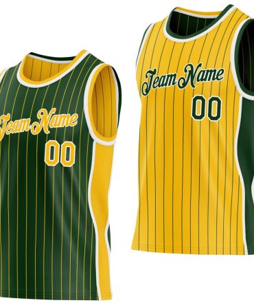 Custom Green Gold Pinstripe-White Side Panels Reversible Double Side Basketball Jersey, Gift For Basketball Fans