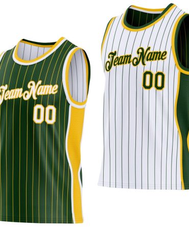 Custom Green Gold Pinstripe-White Side Panels Reversible Double Side Basketball Jersey, Gift For Basketball Fans