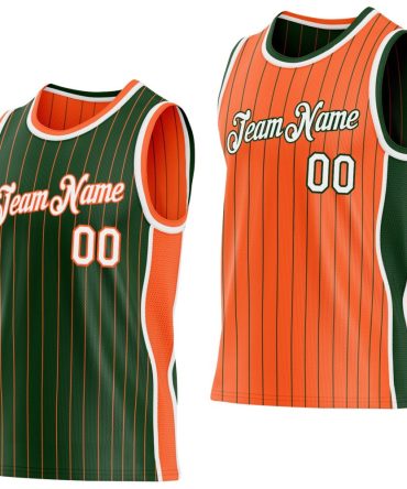 Custom Green Orange Pinstripe-White Side Panels Reversible Double Side Basketball Jersey, Gift For Basketball Fans