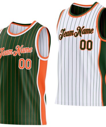 Custom Green Orange Pinstripe-White Side Panels Reversible Double Side Basketball Jersey, Gift For Basketball Fans