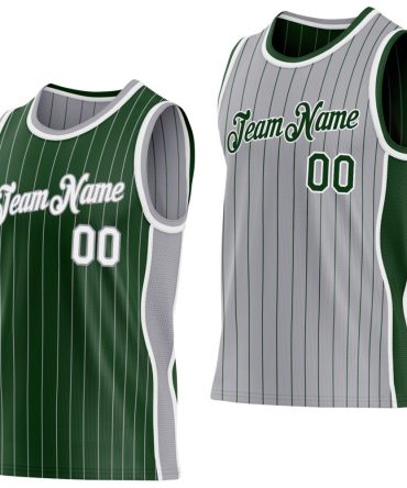 Custom Green Gray Pinstripe-White Side Panels Reversible Double Side Basketball Jersey, Gift For Basketball Fans