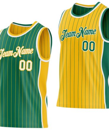Custom Kelly Green Gold Pinstripe-White Side Panels Reversible Double Side Basketball Jersey, Gift For Basketball Fans