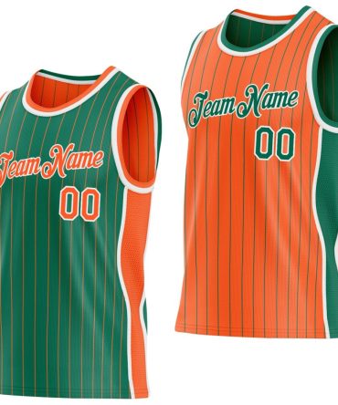 Custom Kelly Green Orange Pinstripe-White Side Panels Reversible Double Side Basketball Jersey, Gift For Basketball Fans